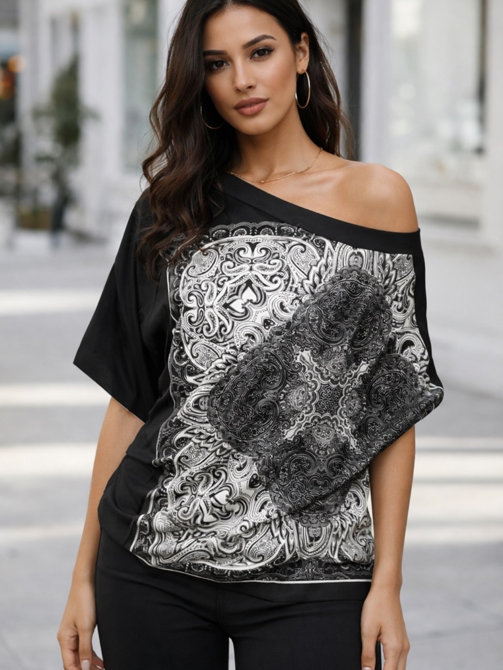 Black & White paisley off-the-shoulder blouse,‎ BoHo Chic Alt Flowy Top